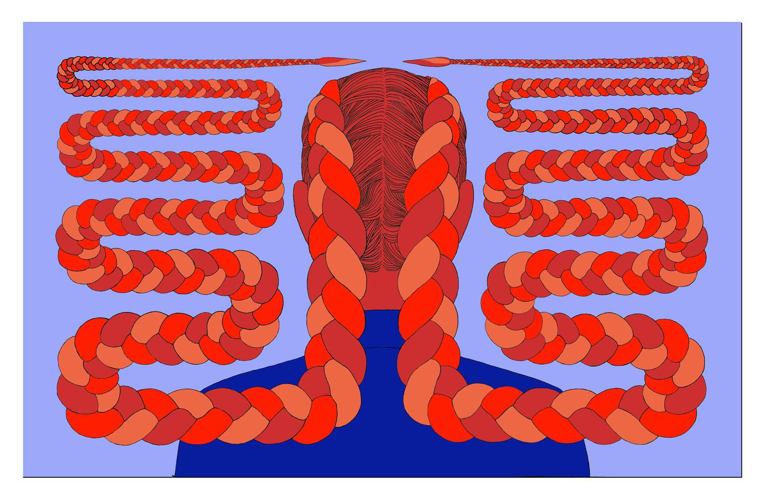 Colorful painting of the back of a person's head with long red and orange braids curling up towards the top of the painting.